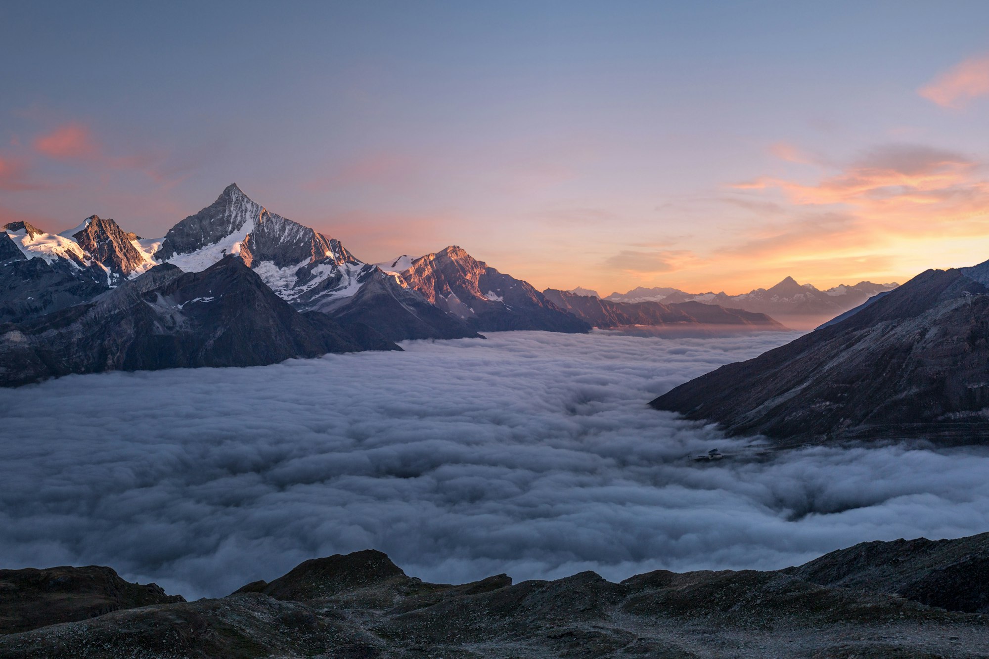 Silent mountain lake at dawn